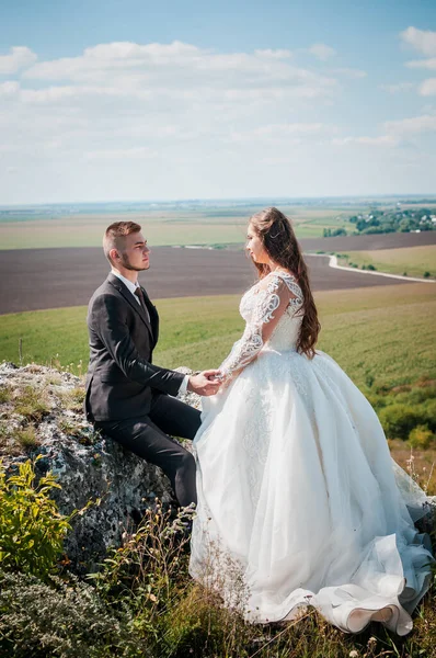Yeni evliler kayaların ve güzel manzaranın arka planında sarılırlar. — Stok fotoğraf