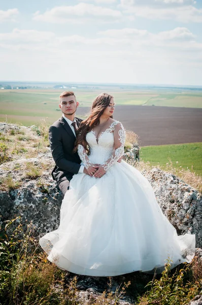 Recém-casados abraçar no fundo das rochas e uma bela paisagem — Fotografia de Stock