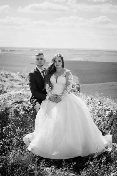 Nygifta kram på bakgrunden av stenar och ett vackert landskap — Stockfoto