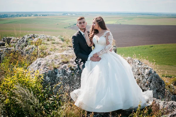 Recém-casados abraçar no fundo das rochas e uma bela paisagem — Fotografia de Stock