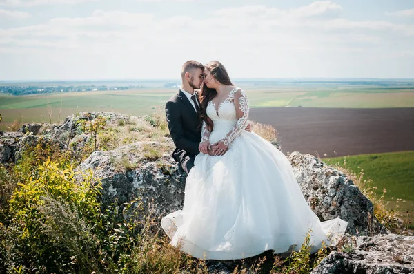 A friss házasok ölelkeznek a sziklák és a gyönyörű táj hátterében. — Stock Fotó