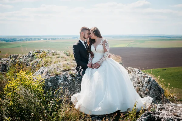 Recém-casados abraçar no fundo das rochas e uma bela paisagem — Fotografia de Stock