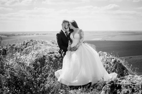 Recién casados abrazan en el fondo de las rocas y un hermoso paisaje —  Fotos de Stock