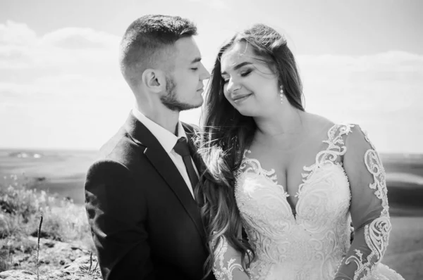 Pasgetrouwden knuffelen op de achtergrond van rotsen en een prachtig landschap — Stockfoto