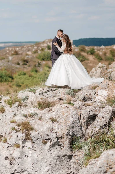 Recién Casados Abrazan Fondo Hermoso Paisaje —  Fotos de Stock