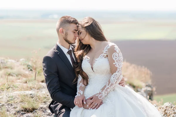 Nowożeńcy Przytulają Się Tle Pięknego Krajobrazu — Zdjęcie stockowe