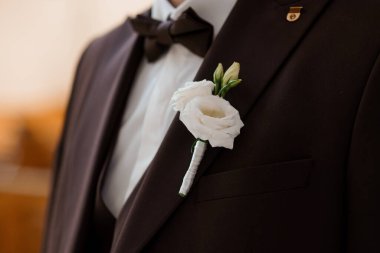 Yakasına saplanmış el değmemiş beyaz gül yaka çiçekli koyu kahverengi bir takım giyen bir damadın yakın plan fotoğrafı. düğün, resmi kıyafet, kutlama, ayrıntı