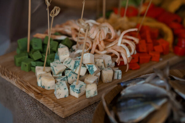 A beautifully arranged charcuterie board featuring assorted cheeses, cured meats, and vibrant vegetables, ideal for catering, parties, or food photography with rustic charm