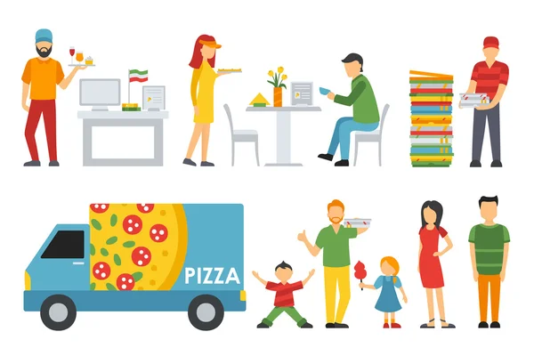 People in a Pizzeria interior icons set — Stock Vector