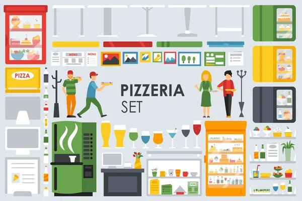 Pizzerie vnitřní ploché ikony nastavit — Stockový vektor