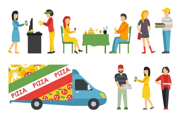 Pessoas em um conjunto de ícones de Pizzaria plana — Vetor de Stock