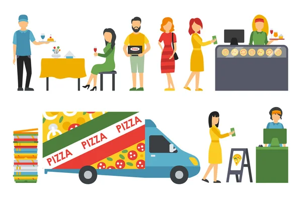 Les gens dans un ensemble d'icônes Pizzeria . — Image vectorielle