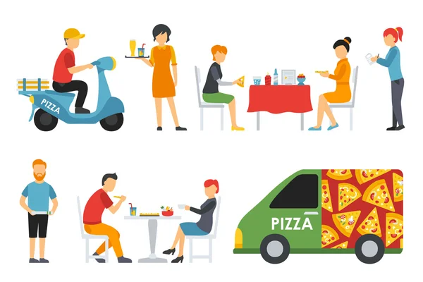 Pizza Pessoas em um conjunto de ícones planos interiores. Pizzaria conceitual w — Vetor de Stock