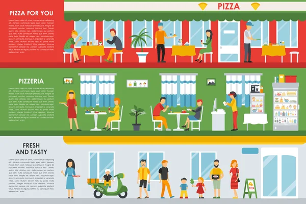 Pizza para você, fresco e saboroso, Pizzaria conceito plana web vector —  Vetores de Stock