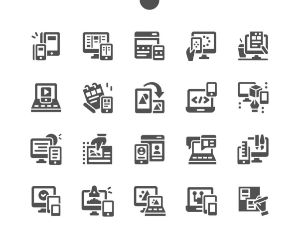 Responsive design development computer, laptop, and smartphone. Site design. Project creation. Vector Solid Icons. Simple Pictogram — Stock Vector