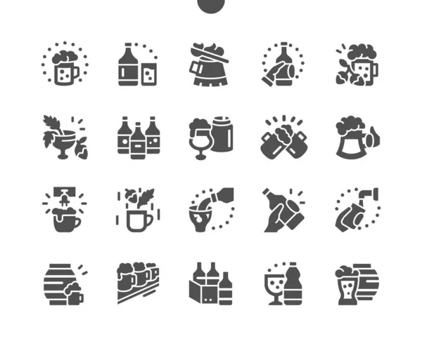 Cerveza artesanal. Comida de bar. Delicioso bocadillo de cerveza. Un vaso de cerveza en el bar. Un barril de cerveza. Menú para restaurante y cafetería. Vector Solid Icons. Pictograma simple — Vector de stock