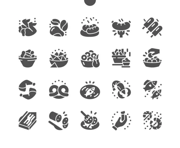 Comida de bar. Delicioso bocadillo de cerveza. Patatas fritas, alitas de pollo crujientes, salchichas, aros de cebolla, pescado. Menú para restaurante y cafetería. Vector Solid Icons. Pictograma simple — Archivo Imágenes Vectoriales