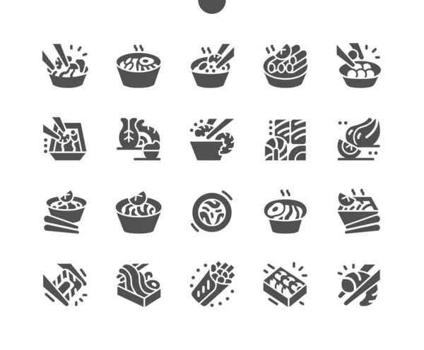 Asiatisches Essen. Thai-Nudeln und Reisnudeln. Köstliche gekochte Garnelen, Gemüse. Traditionelle Paella mit Meeresfrüchten Speisekarte für Restaurant und Café. Vektor Solid Icons. Einfaches Piktogramm — Stockvektor