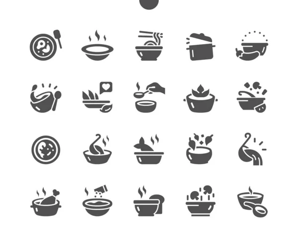 Set of soups. Meat soup, fish soup, chicken soup. Dishes, food. Vegetable soups and ingredients. Menu for restaurant and cafe. Vector Solid Icons. Simple Pictogram — Stock Vector