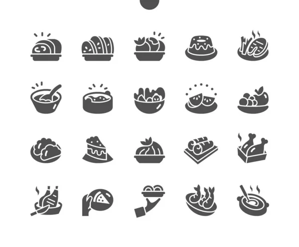 Platen met verschillend voedsel. Keramische borden stapel. Restaurant keuken. Menu voor restaurant en cafe. Vector Solid Icons. Eenvoudig Pictogram — Stockvector