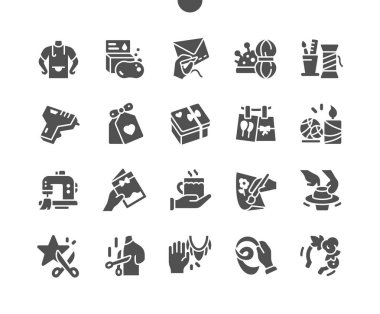 El yapımı sanat ve zanaat atölyesi. Boncuklarla dikiş, diş ipliği, süslü dikiş, makine nakışı. Vektör Katı Simgeleri. Basit Resim Grafiği