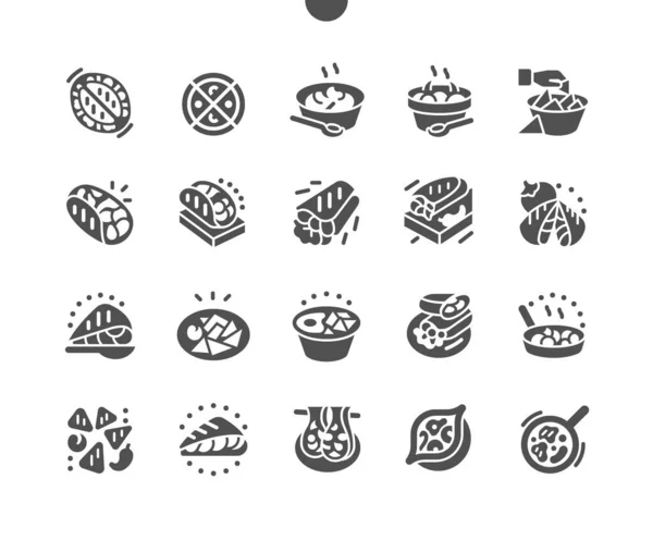 Comida mexicana. Guacamole, salsa, salsas cursi con ingredientes. Platos de la cocina de México. Menú para restaurante y cafetería. Vector Solid Icons. Pictograma simple — Vector de stock