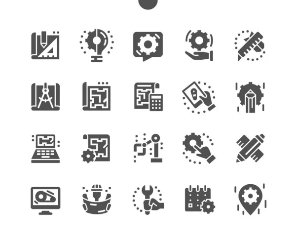 Ingeniería. Fábrica de fabricación. Proyecto de trabajo industrial. Ingeniero, ajustes. Diseño de dibujos ingeniería de piezas mecánicas. Vector Solid Icons. Pictograma simple — Vector de stock