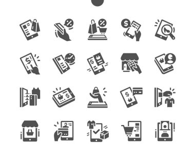 Mobil alışveriş. İnternet üzerinden alışveriş yapmak. İnternetten market alışverişi. İndirim. Kartla ödeme. Çevrimiçi danışman. Vektör Katı Simgeleri. Basit Resim Grafiği