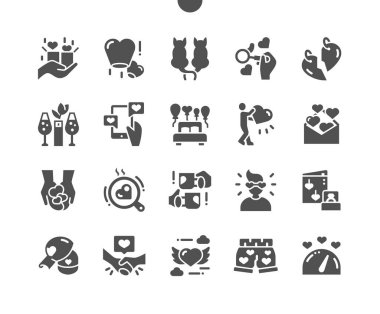 Aşk ve romantizm. Güzel hediyeler. Aşk mektubu. Kanatlı kalp sinekleri. Romantik bir akşam yemeği. Sevgililer için kadehler. Yüzük ve kartpostal. Vektör Katı Simgeleri. Basit Resim Grafiği