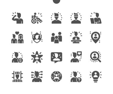 - İnsanlar. İnsanları gruplamak. İnsanlık, çok yönlü kişi, ünlü, toplum, lider, sevilen, bilim adamı, engelli. Vektör Katı Simgeleri. Basit Resim Grafiği