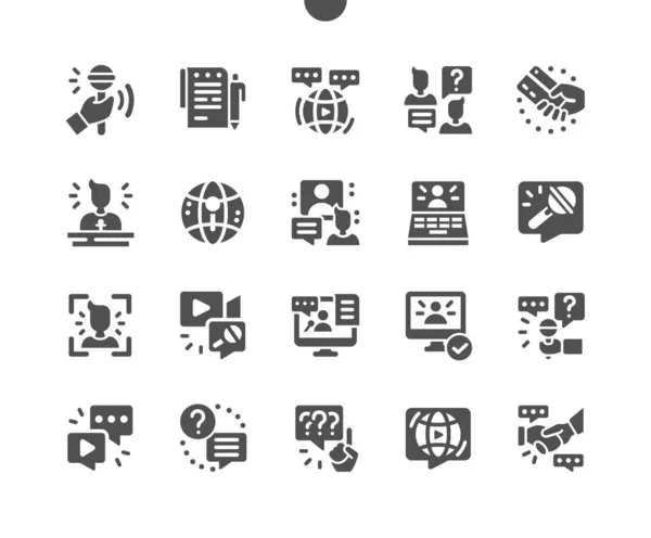 Entrevista de trabajo. Proceso de recursos humanos y contratación. Trabajo, negocios. Búsqueda de empleo, desempleo. Micrófono, comunicación, intergubernamental. Vector Solid Icons. Pictograma simple — Vector de stock