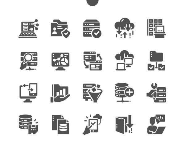 Big Data. Análisis de usuarios, seguridad de bases de datos. Carpetas de red, desarrollador de software. Tecnología Cloud. Vector Solid Icons. Pictograma simple — Archivo Imágenes Vectoriales