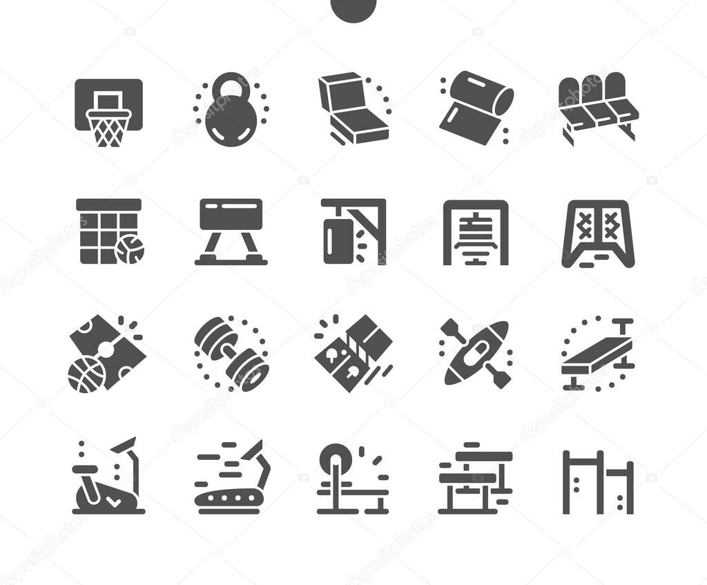 Coach stuff. Active lifestyle, sports. Exercise equipment in the gym. Yoga mat, gymnastic goat, kayak, exercise bike, punching bag. Vector Solid Icons. Simple Pictogram