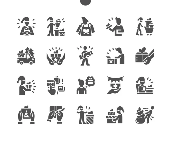 Hermosos regalos para Navidad. La gente da regalos. Comprando regalos. La gente está celebrando. Feliz Año Nuevo. Vacaciones, regalos. Vector Solid Icons. Pictograma simple — Archivo Imágenes Vectoriales