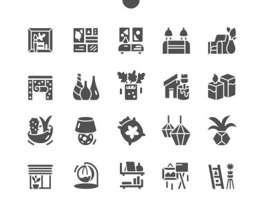 Home decoration. Interior of the living room. Beautiful flowers in a pot, lamp, pillow, paintings. Home accessories. Vector Solid Icons. Simple Pictogram