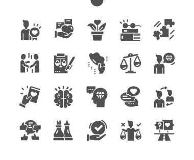 Ethics. Code of business ethics and values. Book about ethics. Balance. Transparency. Morality thinking. Approval, right choice and ways. Vector Solid Icons. Simple Pictogram
