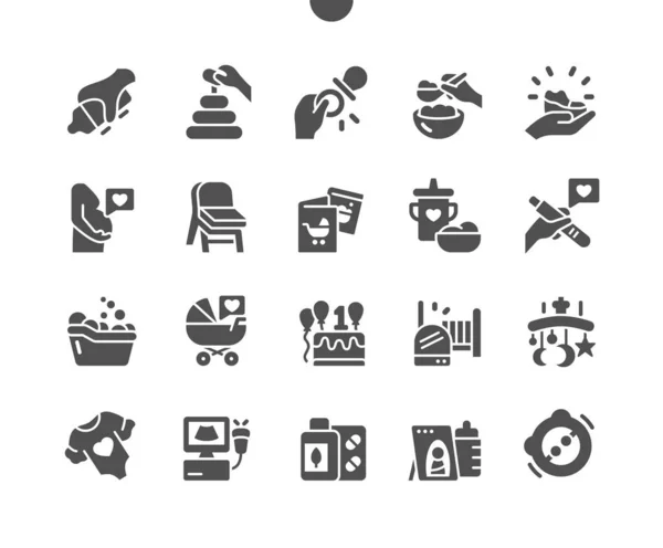 Maternity. Clothes for babies, baby booties, toys, crib mobile. Maternal love. Pregnancy and maternity. Vector Solid Icons. Simple Pictogram — 스톡 벡터