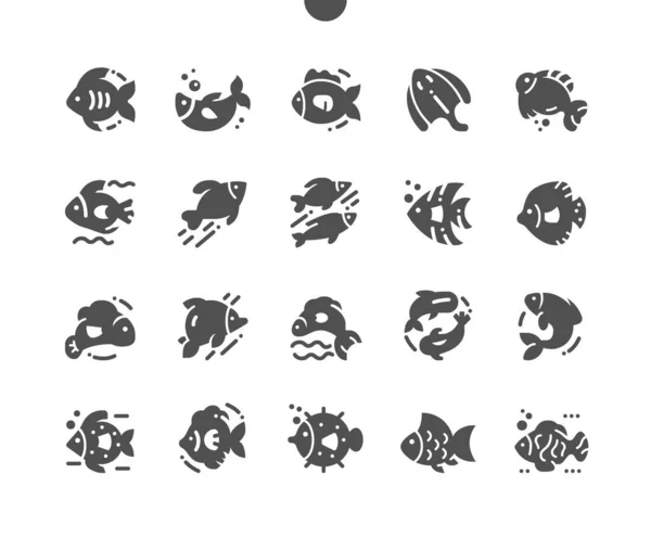 Different fish. Sea, oceanic and river fish. Aquatic animals with various fins, scales, tails and gills bathing in the water. Menu for restaurant and cafe. Vector Solid Icons. Simple Pictogram — Wektor stockowy