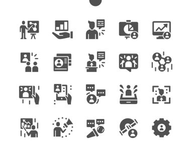 Sunumlar başlatılıyor. Bilgisayarda grafiksel sunum. İş eğitimi. Video ve ses sunumu. İnsanları cezbediyor. Vektör Katı Simgeleri. Basit Resim Grafiği