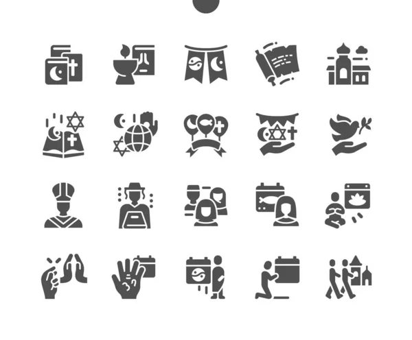 Wereldgodsdienstdag 17 januari. Wereldreligies in de hand. Islam, Jodendom, Taoïsme, Boeddhisme, Hindoeïsme. Kalender. Zeventien januari. Vakantie. Vector Solid Icons. Eenvoudig Pictogram — Stockvector