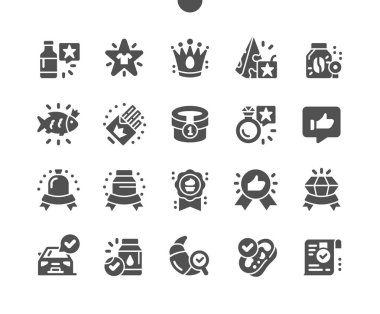 Birinci kalite. En iyi seçim. Kaliteli lüks marka. Kaliteli kahve, yemek, giysi, çikolata, balık, fırın, mücevher ve araba. Vektör Katı Simgeleri. Basit Resim Grafiği