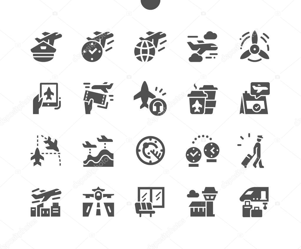 Aviation. Airport, luggage, pilot and dispatcher. Time zones. Airplane, aircraft, aeroplane, plane and aviation. Vector Solid Icons. Simple Pictogram
