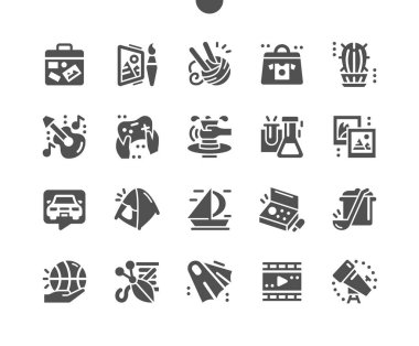 Hobiler ve boş zaman aktiviteleri. Seyahat, turizm, yüzme, aşçılık ve çömlek. Makineyle çalışan bir tamirci. Yaratıcı sanatsal hobiler. Vektör Katı Simgeleri. Basit Resim Grafiği