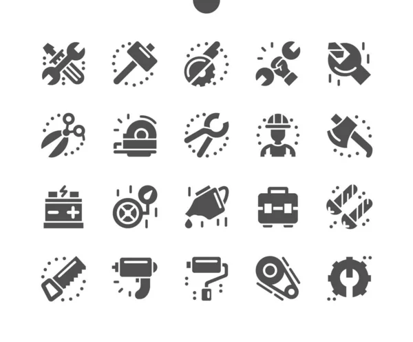 Werkstatt. Reparaturwerkzeugladen. Handsäge, Schere, Bohrmaschine, Walze, Motor und andere. Bauen und bauen. Vektor Solid Icons. Einfaches Piktogramm — Stockvektor