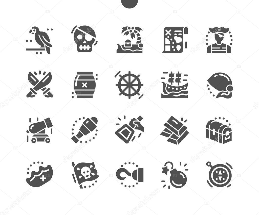 Pirate adventure. Sailboat ship, bomb, treasure chest and map, gun and weapons. Treasure island. Vector Solid Icons. Simple Pictogram