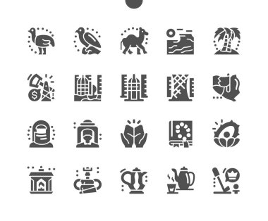 Katar. Batı Asya. Arap kültürü. Katar 'daki Zekreet Çölü. Doha kasırga kulesi. Müslüman kadın. İnci kabuklu çeşme. Seyahat ve turizm. Vektör Katı Simgeleri. Basit Resim Grafiği