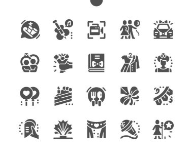 Kutlamalar var. Düğün, doğum günü, parti, kutlama. Tatil dekorasyonu. Parti yemeği ve içeceği. Kutlama için davetli listesi. Vektör Katı Simgeleri. Basit Resim Grafiği