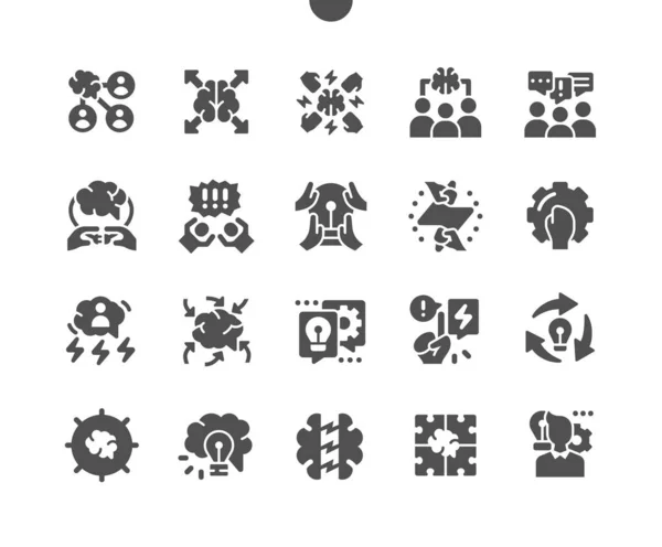 Brainstormen. Teamwork. Werk samen. Zoek naar ideeën. Werkproces. Zaken, creativiteit, fris, geest, denken, efficiëntie, verbeelding, oplossing. Vector Solid Icons. Eenvoudig Pictogram — Stockvector