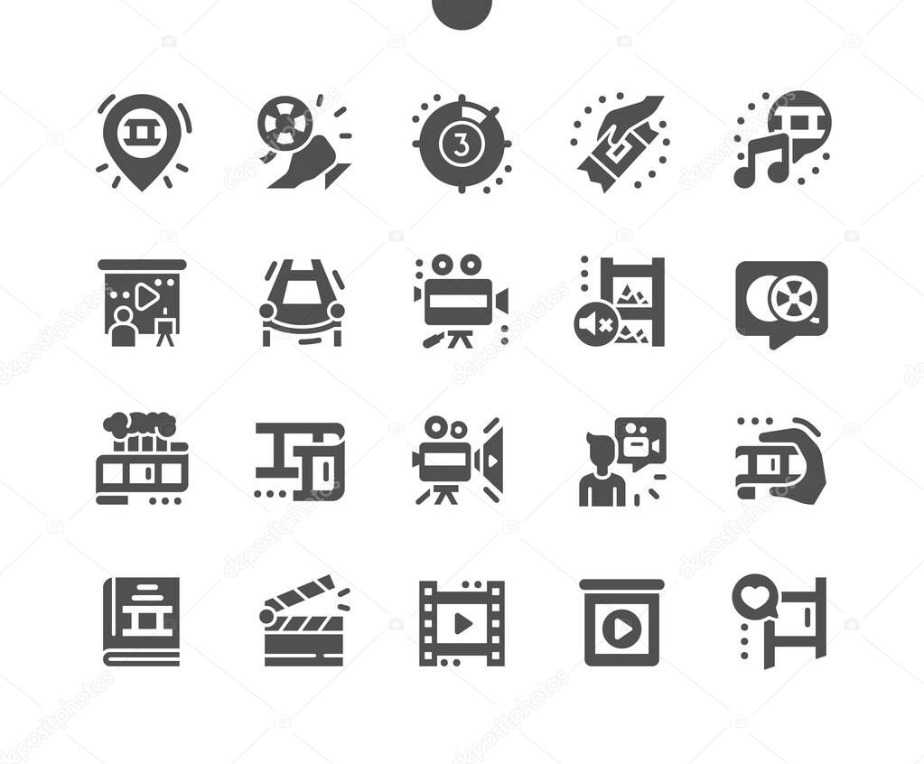 Film. Cinema location. Movie camera and clapperboard. Countdown to the beginning of the movie. Movie ticket. Film award. Vector Solid Icons. Simple Pictogram