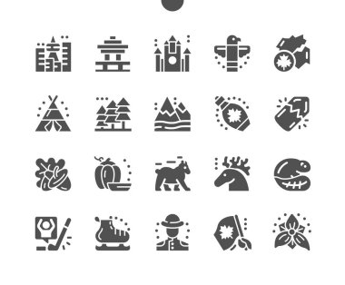 Kanada mı? Ontario Trillium 'un sembolü. Kanada bayrağı. Dağlar, meşe palamudu, çadır, patenler, totem, vancouver, kunduz ve ayı. RCMP memuru. Vektör Katı Simgeleri. Basit Resim Grafiği